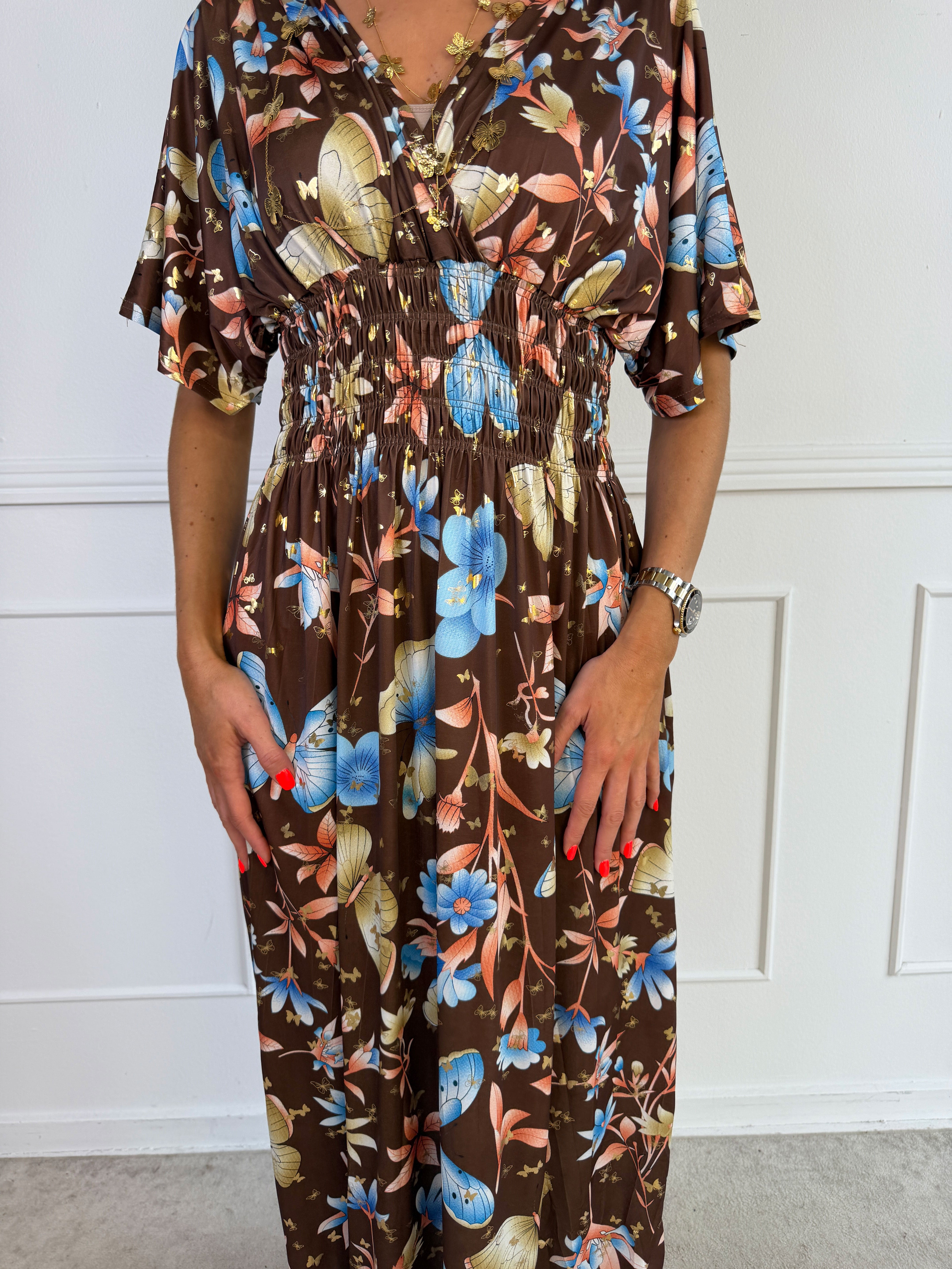 Pams Fairytale - Lang elastisk kjole i fint blomster- og sommerfugleprint